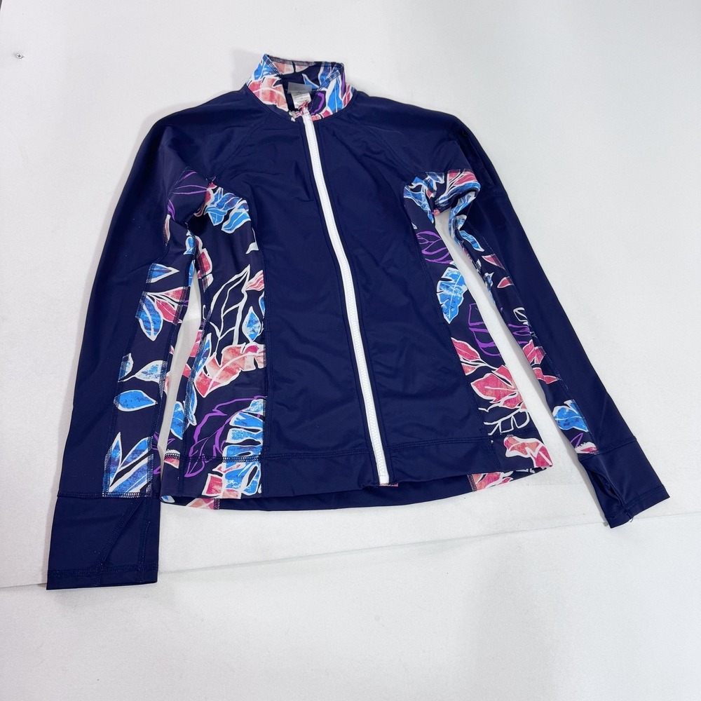 Tommy Bahama Rash Guard Womens Small Blue Floral Zip Front Long Sleeve Swim